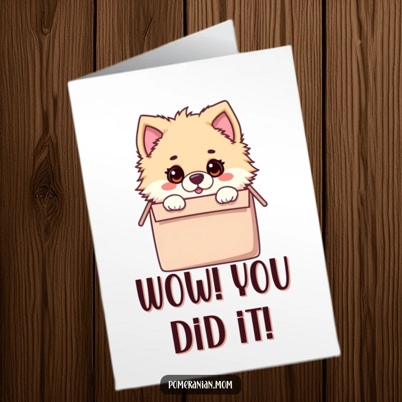Funny Free Printable Congratulations Card: Kawaii Pomeranian peeking out of a toy box with a surprised look.
