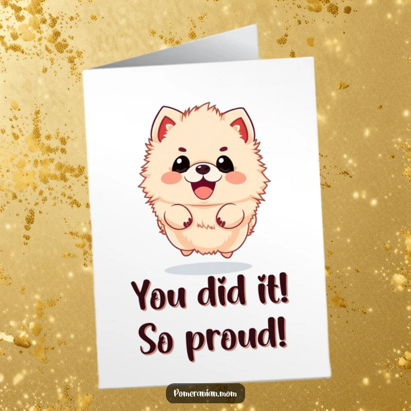 Funny Free Printable Congrats Card: A fluffy kawaii pomeranian joyfully jumping in celebration of good news.