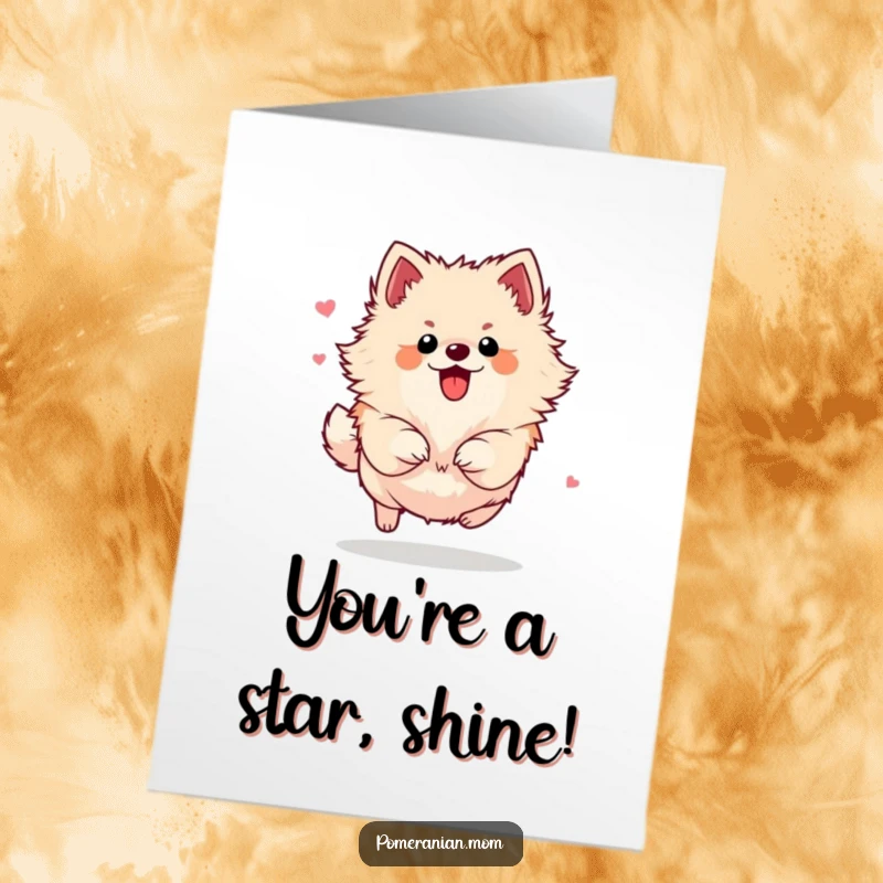 Funny Free Printable Congrats Card: A Pomeranian in mid-air bound, radiating pure, unbridled energetic enthusiasm.