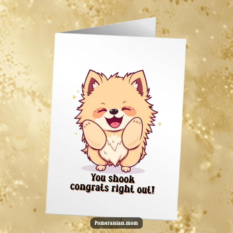 Funny Free Printable Congratulations Card: Cute Pomeranian playfully shaking its entire body with exuberant glee and excitement.