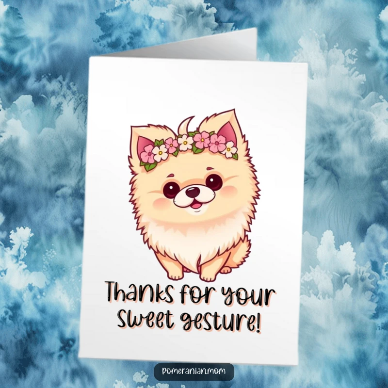 Funny Free Printable Thank You Card: Kawaii Pomeranian with a perky tilt, wearing a miniature flower crown.
