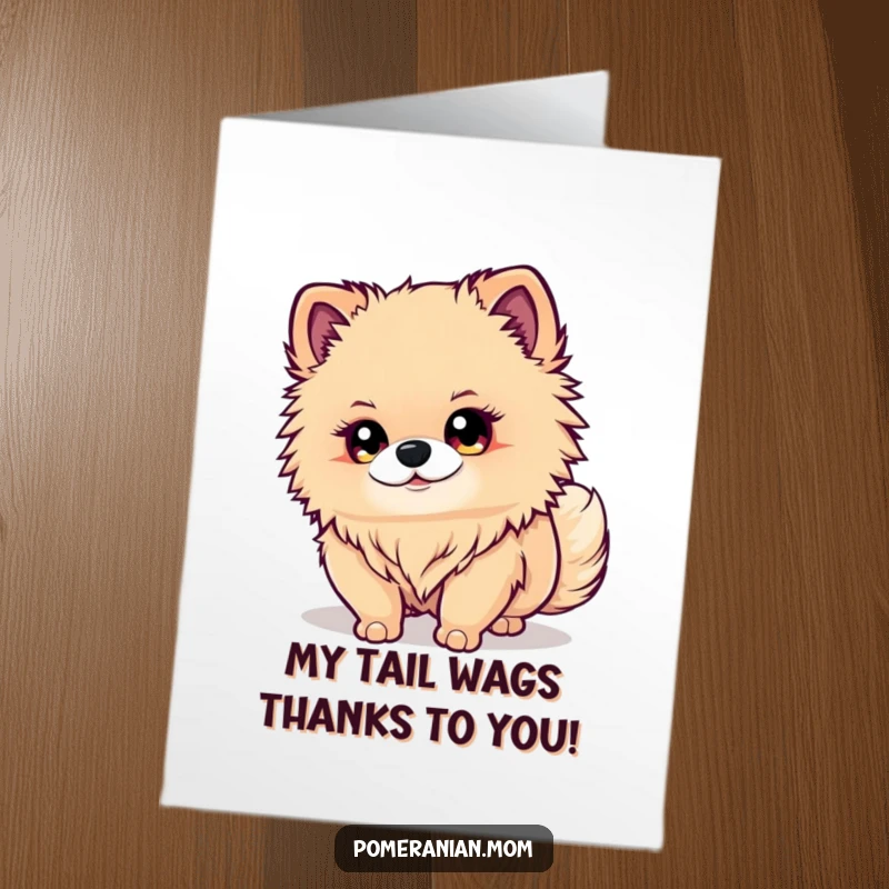 Funny Free Printable Kawaii Pomeranian Thank You Card: Adorable dog stares intently at its wagging tail. Diy gift.