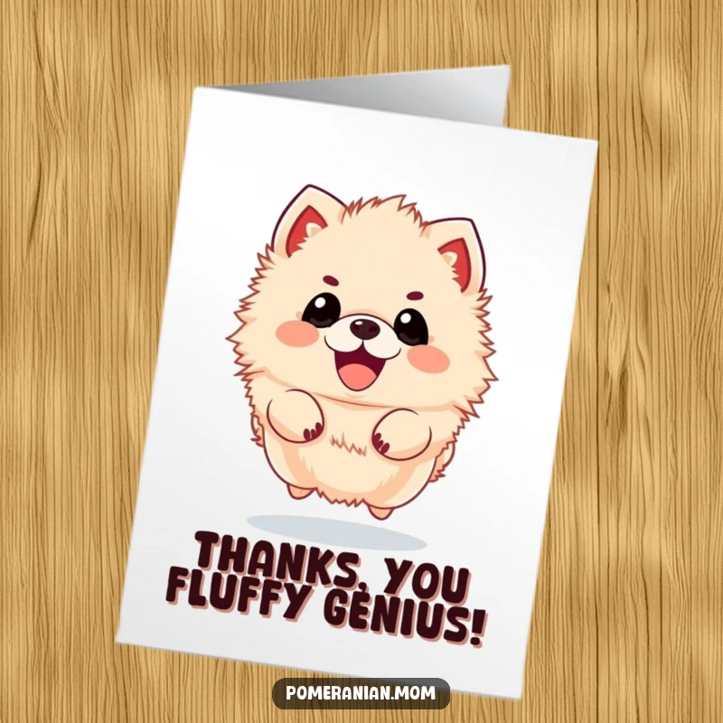 Funny Free Printable Thank You Card: A happy kawaii pomeranian leaping high in the air, expressing thanks.