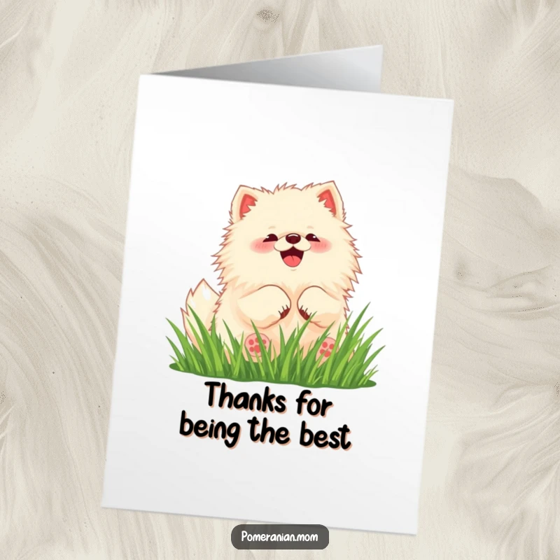 Funny Free Printable Thank You Card: Kawaii Pomeranian rolling in grass, expressing thanks, cute dog, happy vibes, downloadable card