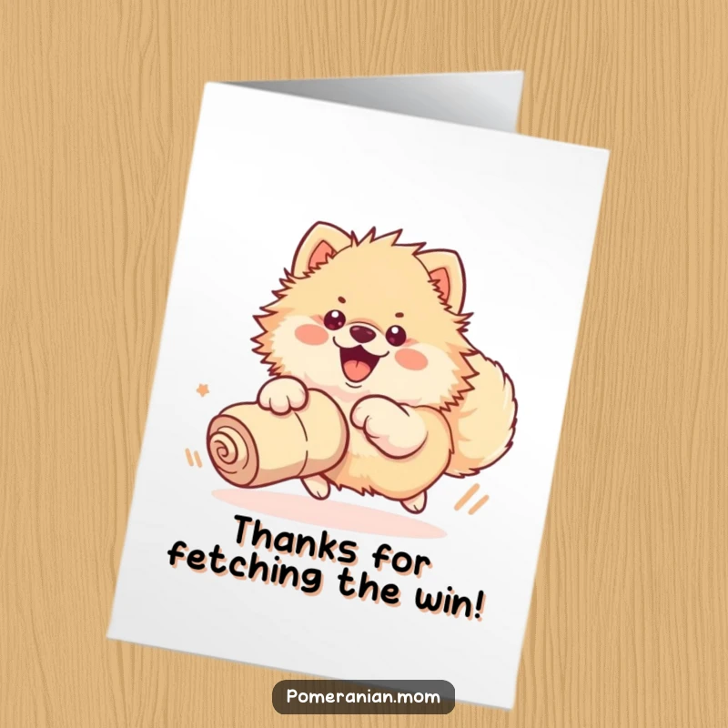 Funny Free Printable Thank You Card: Kawaii Pomeranian in full chase mode after a rolled-up sock, pure excitement.