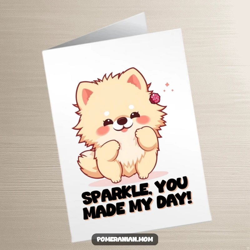 Funny Free Printable Thank You Card: Kawaii Pomeranian playfully tossing a tiny, sparkly accessory to express thanks.