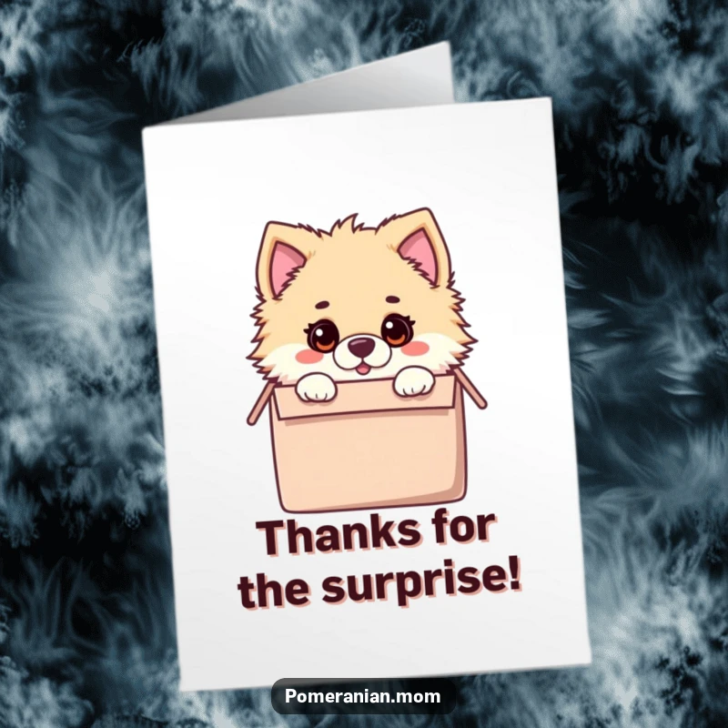 Funny Free Printable Thank You Card: Kawaii Pomeranian with a surprised expression peeking from a toy box.