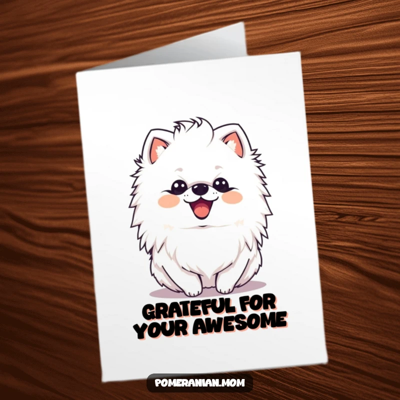 Funny Free Printable Thank You Card featuring a delighted Pomeranian shaking its mane, expressing thanks with a happy flourish.