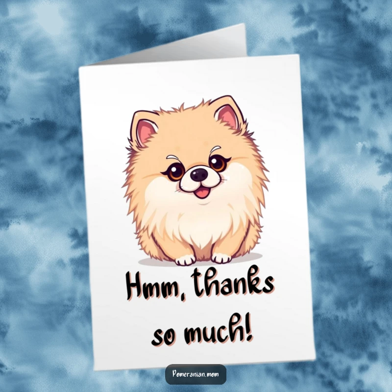 Funny Free Printable Thank You Card: Kawaii Pomeranian looking inquisitively with a head tilt, saying thank you.