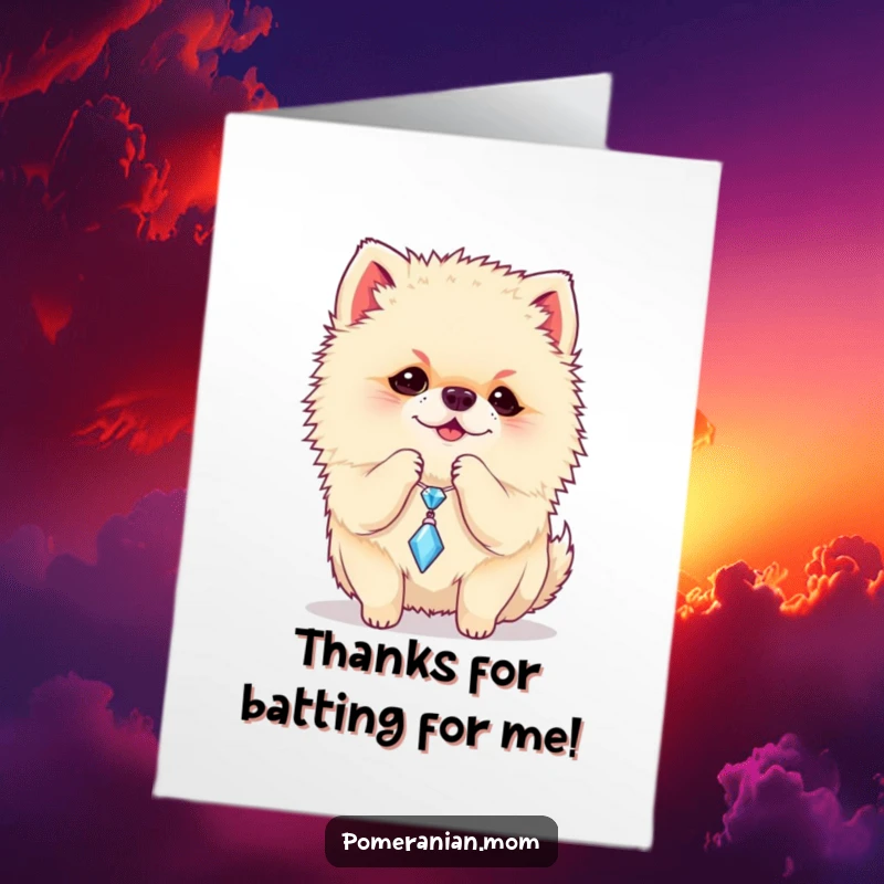 Funny Free Printable thank you card featuring a Pomeranian batting at a dangling sparkly charm, a delightful and playful downloadable illustration.