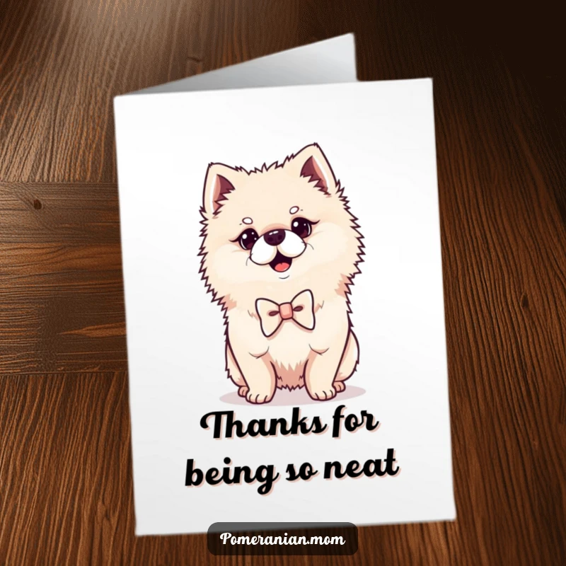 Funny Free Printable Thank You Card: Kawaii Pomeranian wearing a tiny bowtie, striking a proud and thankful pose.