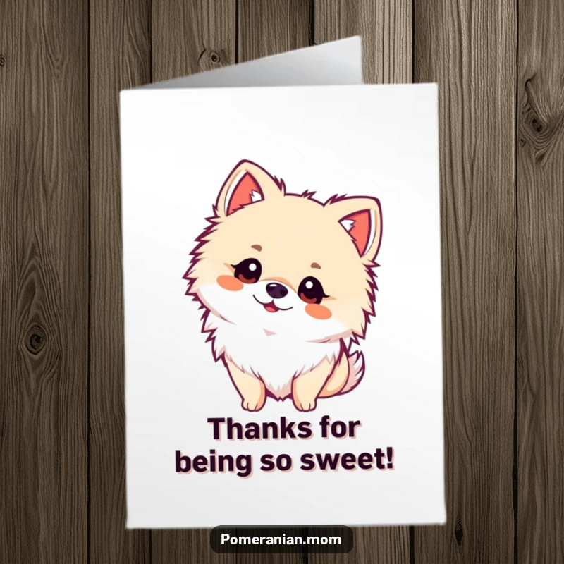 Funny Free Printable Thank You Card: A cute kawaii pomeranian tilting its head, looking at you with curiosity.