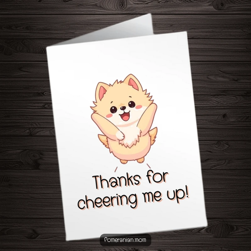 Funny Free Printable Thank You Card: A happy Kawaii Pomeranian leaping high in the air, conveying enthusiastic gratitude.