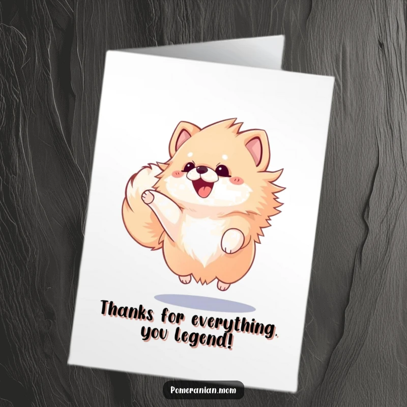 Funny Free Printable Thank You Card: Kawaii Pomeranian with fluffy tail wagging furiously, jumping for joy.