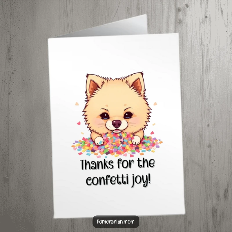 Funny Free Printable Thank You Card: A happy Pomeranian covered in confetti, offering thanks with a playful nose dive.