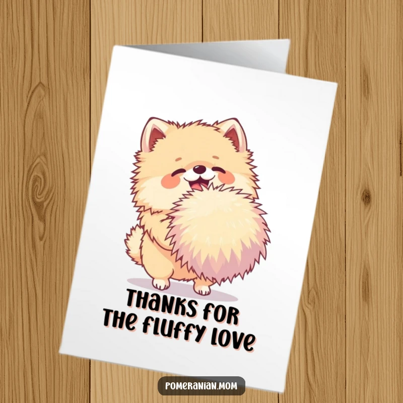 Funny free printable thank you card of a happy Pomeranian shaking a large pom-pom with glee.