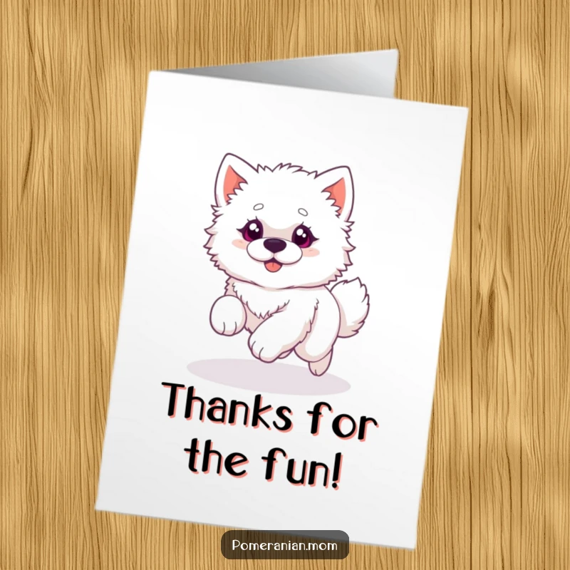 Funny Free Printable Thank You Card: Fluffy white dog with wide, excited eyes playfully chases its own tail in a continuous circle, a thank you.