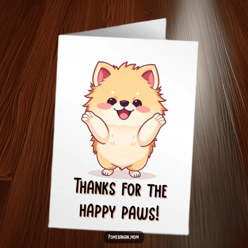 Funny Free Printable Thank You Card: A kawaii Pomeranian performs a delighted dance, paws moving, showing heartfelt thanks.