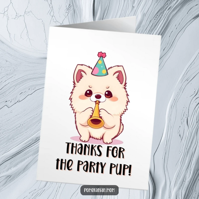 Funny Free Printable Kawaii Pomeranian Thank You Card: Dog in a party hat blows a small trumpet. Diy gift.