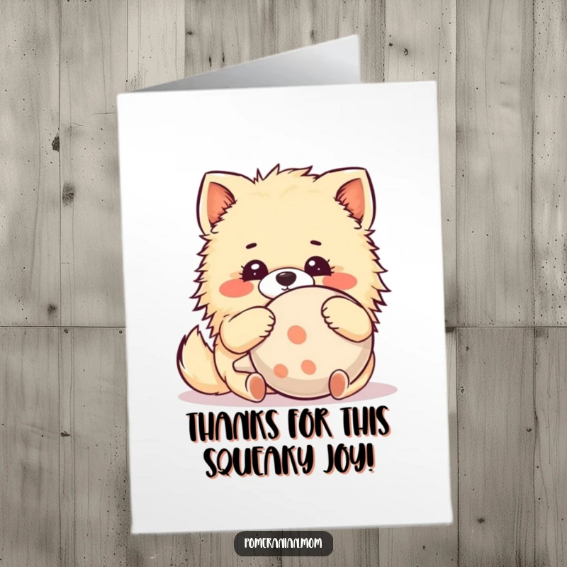 Funny Free Printable Kawaii Pomeranian Thank You Card: Cute dog embraces a huge squeaky toy, showing happy thanks. Diy gift.