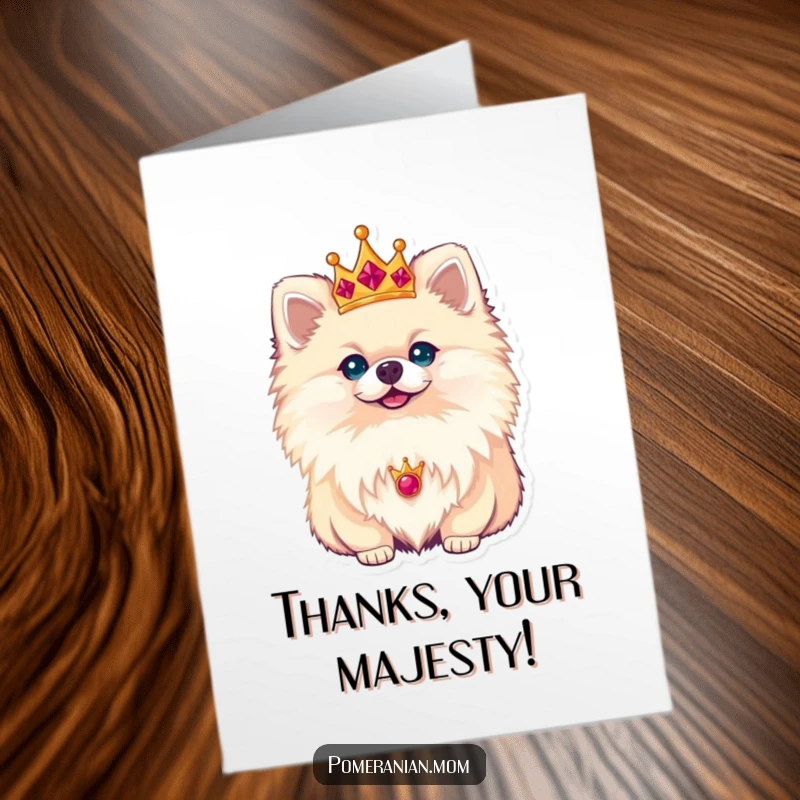 Funny Free Printable Thank You Card: A Pomeranian adorned with a tiny crown, giving a gracious nod of thanks.