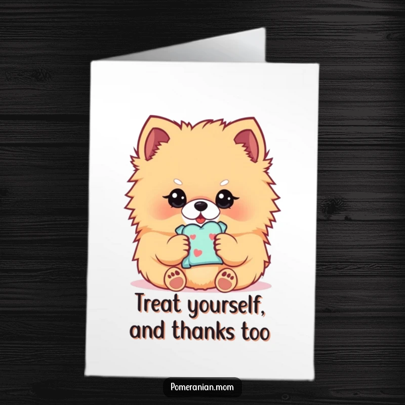 Funny Free Printable Thank You Card: Kawaii Pomeranian holding a tiny treat with delicate paws, showing appreciation.