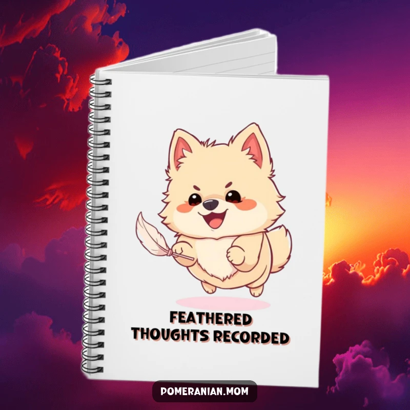 Funny Pomeranian notebook showing a dog focused on chasing a feather, great for jotting down ideas with a touch of humor.