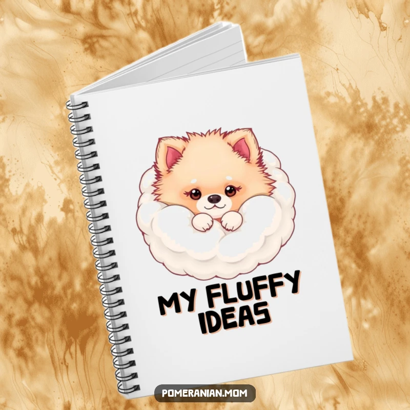 Funny kawaii Pomeranian peeking from its fluffy fur cloud notebook, ideal for jotting down cute ideas with playful charm.
