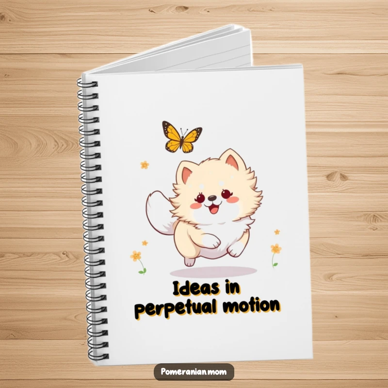 Funny Kawaii Pomeranian notebook, a joyful dog pursuing a butterfly, perfect for jotting down funny thoughts and ideas.