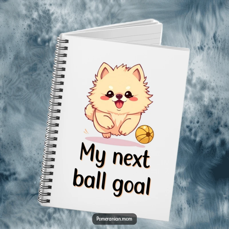Funny Kawaii Pomeranian yapping playfully while chasing a bouncing ball, inspiring focus on this notebook.
