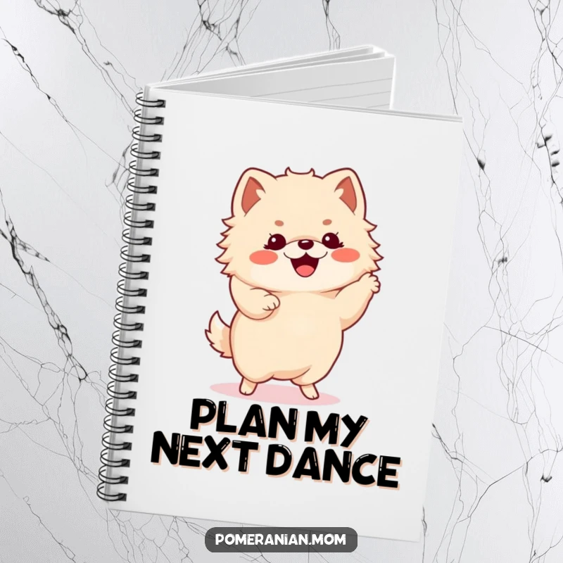 Funny Kawaii Pomeranian with tiny paws in a happy dance, inspiring creativity on this notebook cover.