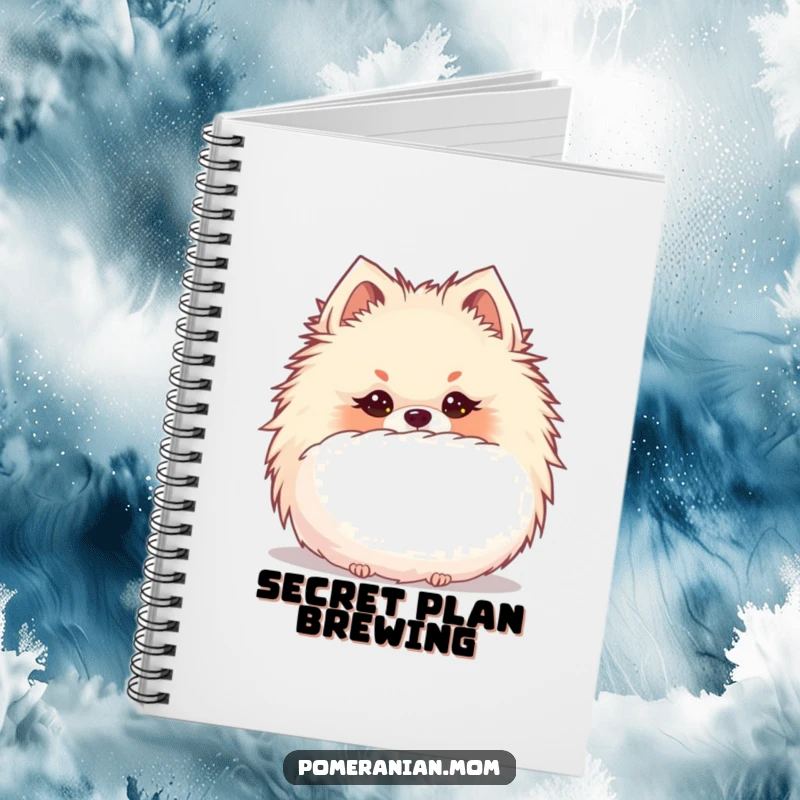 Funny Kawaii Pomeranian with a mischievous glint, hiding behind a puffball, inspiring fun on this notebook.