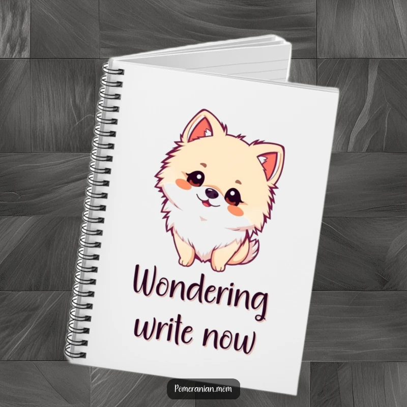 Funny kawaii Pomeranian notebook cover, showing a fluffy dog tilting its head with adorable curiosity. Ideal for note-takers.