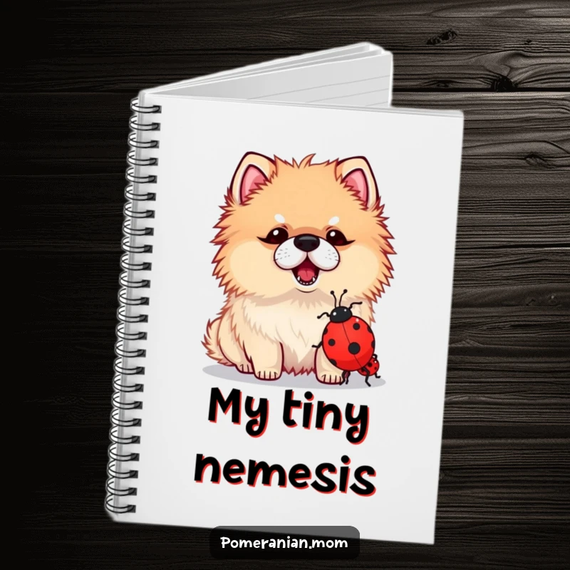 Funny notebook with a kawaii Pomeranian bravely barking at a tiny ladybug, designed to inspire funny thoughts and notes.