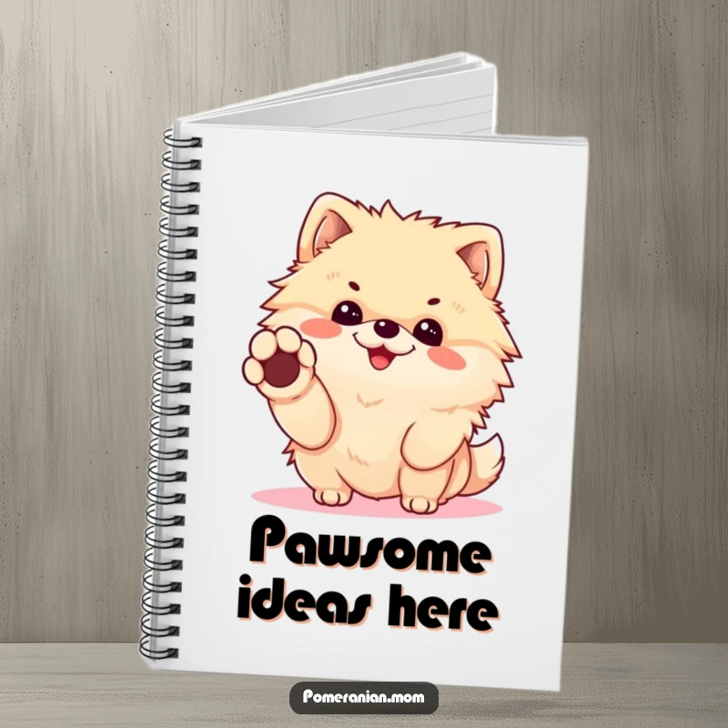 Funny Kawaii Pomeranian Notebook: Cheerful dog offering a paw for a handshake, ideal for jotting down notes with friendly humor.