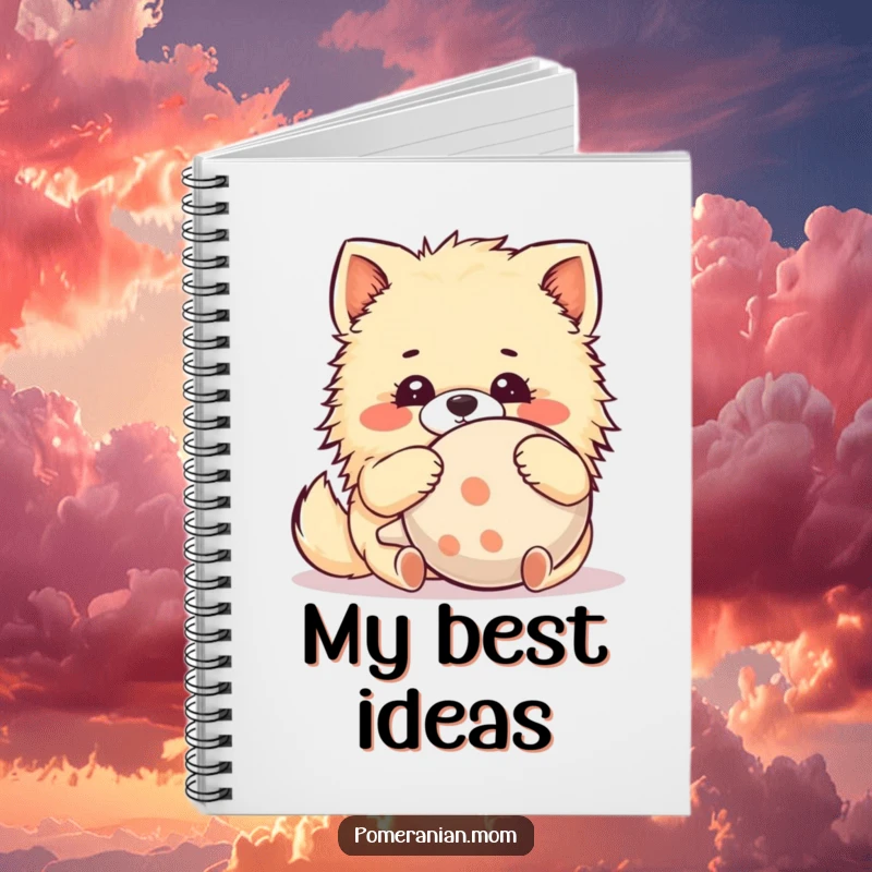 Funny Kawaii Pomeranian Notebook: A cute dog hugs a comically large squeaky toy with absolute delight, perfect for journaling.