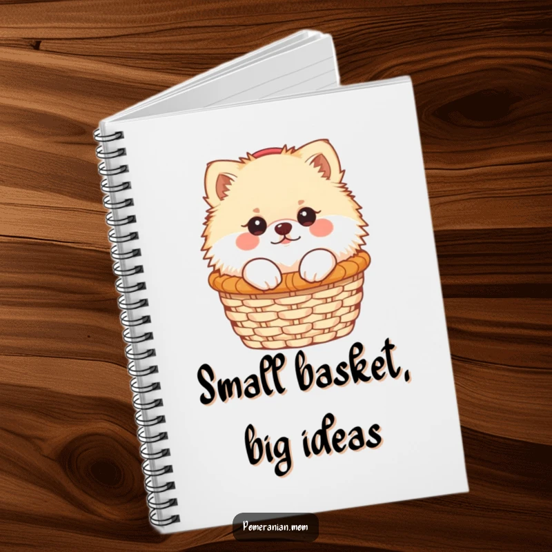 Funny Kawaii Pomeranian peeking from a small basket on a notebook cover, inspiring fun and creativity.