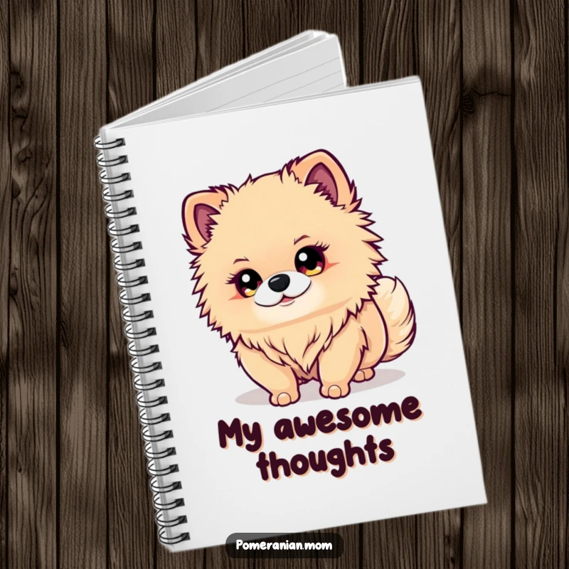 Funny Kawaii Pomeranian Notebook: A cute dog with bright eyes intently watches its wagging tail, perfect for journaling thoughts.