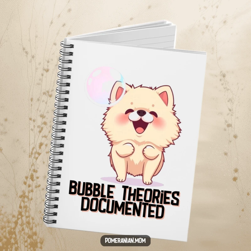 Funny Pomeranian notebook showing an energetic dog barking at a bubble, great for jotting down ideas with playful charm.