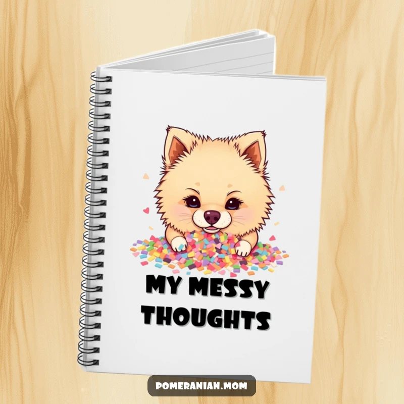 Funny Pomeranian notebook cover showing a dog with its nose buried in a vibrant, scattered pile of confetti during a celebration.