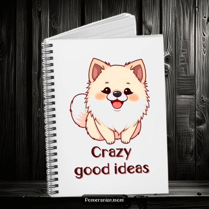Funny Pomeranian notebook featuring an ecstatic dog with a wagging tail, a cute and humorous journal for note-taking.
