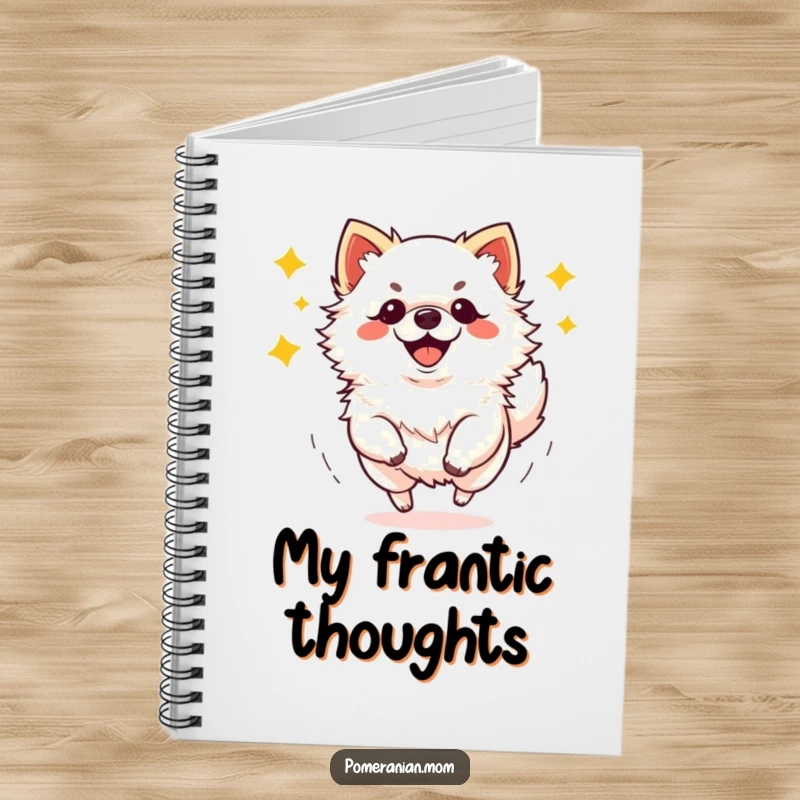 Funny kawaii Pomeranian performing energetic zoomies notebook, ideal for jotting down ideas with playful doggy flair.