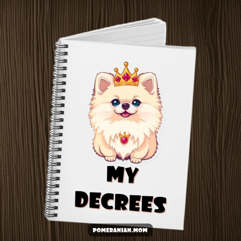 Funny Pomeranian notebook with a regal dog wearing a tiny crown, ready to capture important thoughts and royal plans.