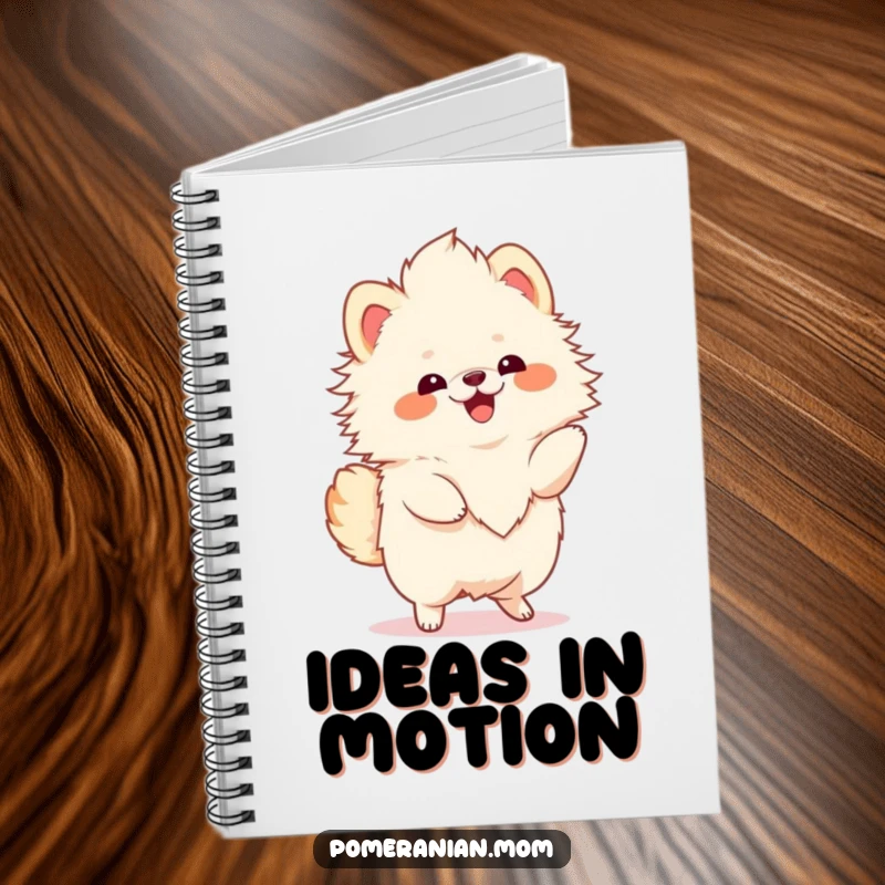 Funny Kawaii Pomeranian notebook, featuring a fluffy dog in a joyful twirl, perfect for writing and planning.