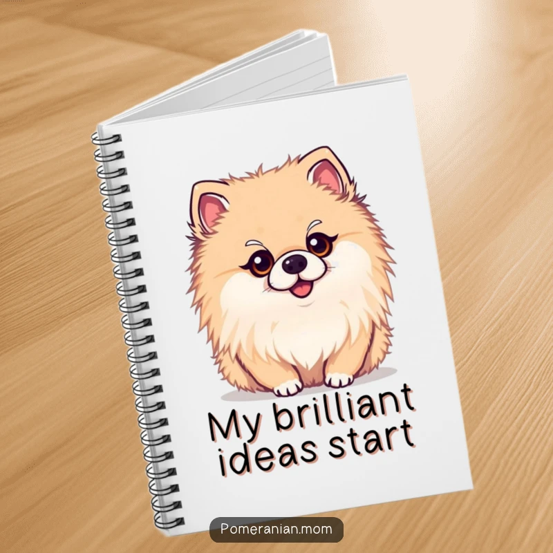 Funny kawaii Pomeranian notebook, a cute dog jotting notes with a curious head tilt. Great for students and writers.