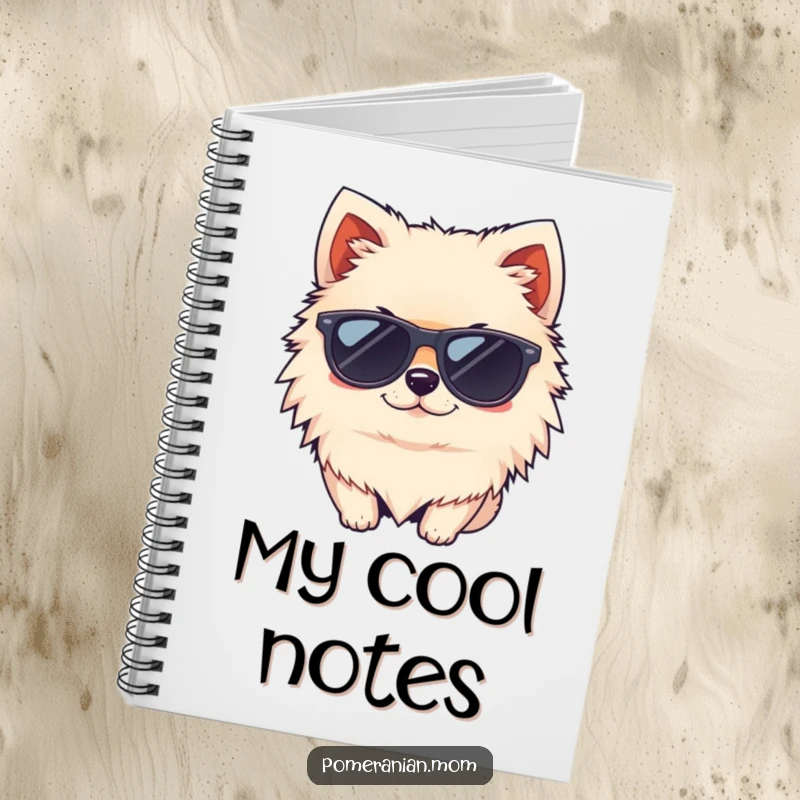 Funny kawaii Pomeranian wearing tiny sunglasses and winking notebook, perfect for jotting down stylish thoughts.