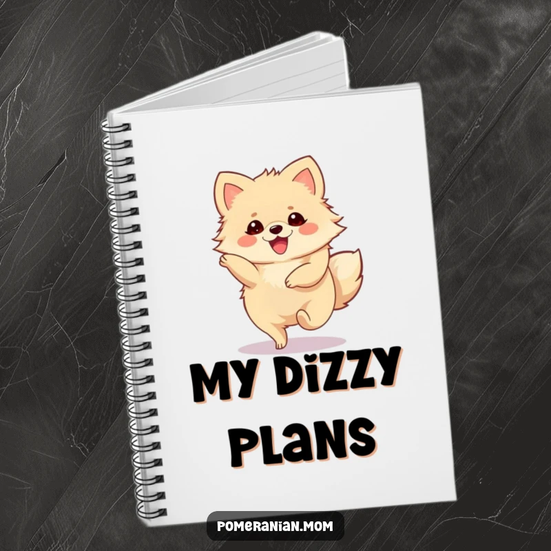 Funny Pomeranian Notebook with a cute Pomeranian character performing a joyous, spinning twirl.
