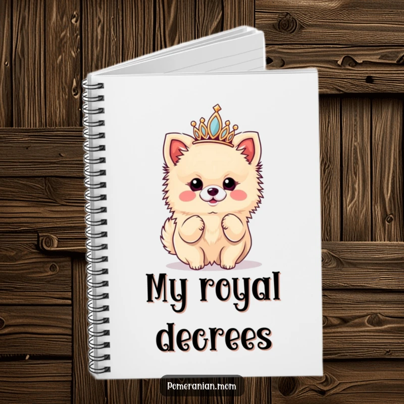 Funny notebook with a kawaii Pomeranian wearing a tiny tiara and striking a diva pose, perfect for jotting down fabulous ideas.