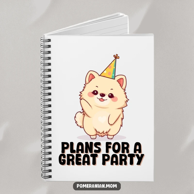 Funny kawaii Pomeranian notebook, a cute dog jotting notes while wearing a festive party hat. For party planners.