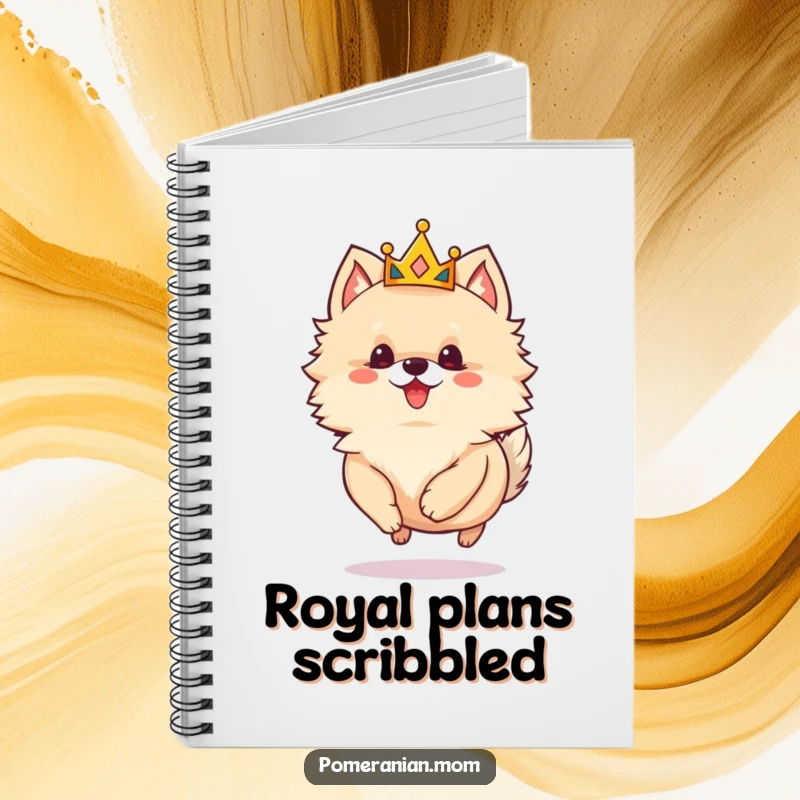 Funny Pomeranian notebook showing a small crowned dog skipping, ideal for jotting down ideas with a regal and humorous flair.